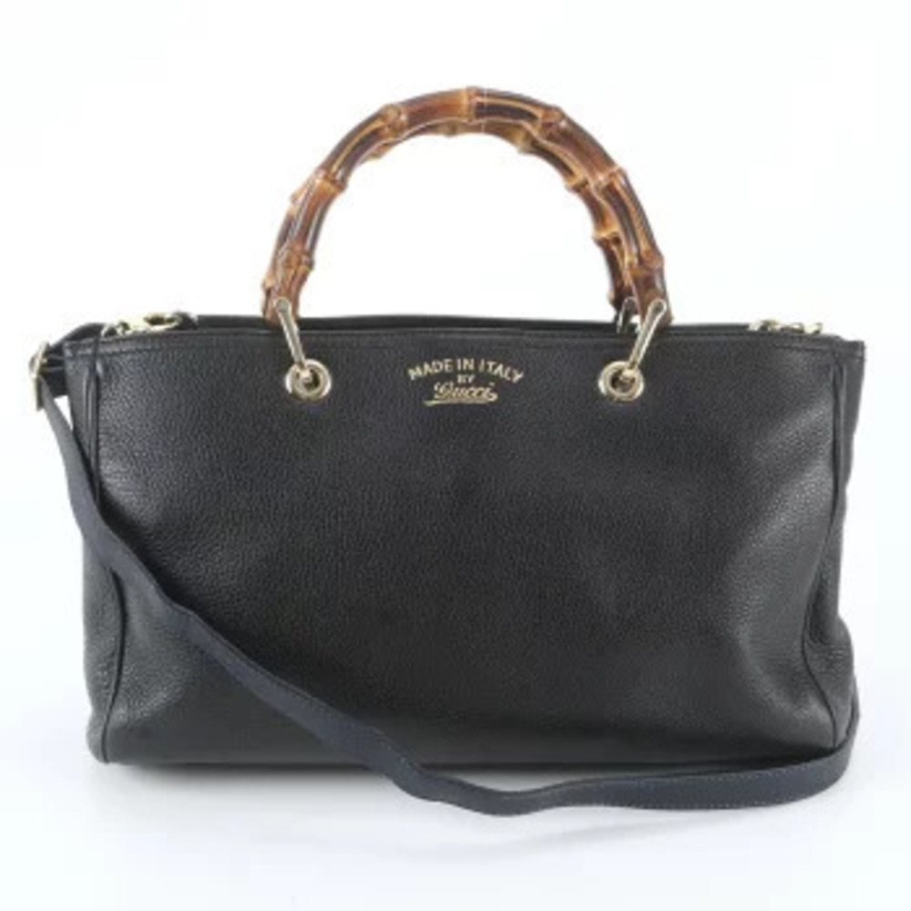 Gucci Bamboo Shopper Leather 2Way Tote Bag Black